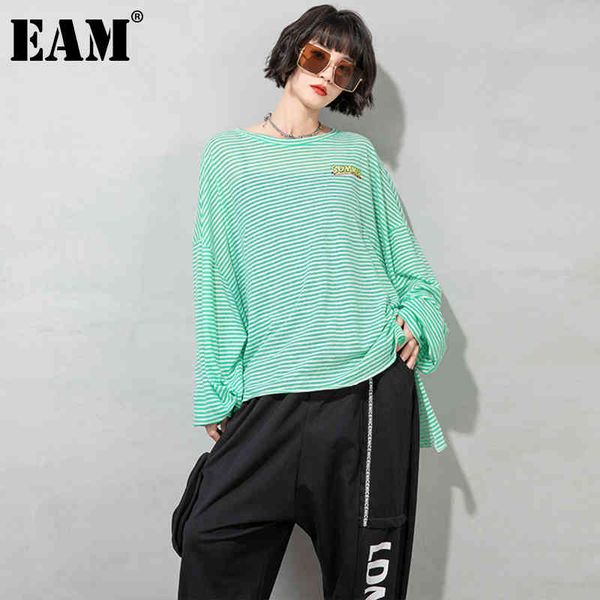

[eam] women striped green back printed big size t-shirt round neck long sleeve fashion spring autumn 1dd7745 210512, White
