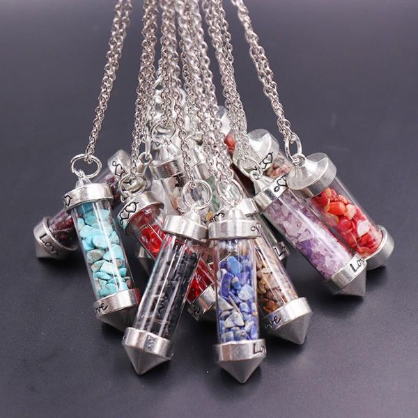 

pendant necklaces 2021 fashion natural stone crystal cone glass green aventurine amethyst love wishing bottle necklace for women, Silver
