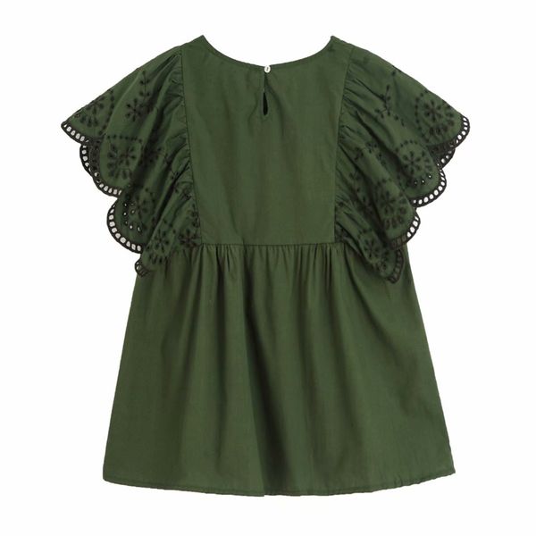 

women's blouses & shirts 2021 hollow-out embroidered around the neck undulating ee short sleeve young girl doll waistband shirt, White