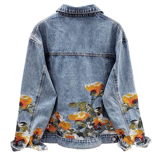 

women's jackets spring autumn embroidery flower jeans jacket women loose denim short coat vintage casual outerwear female clothes, Black;brown