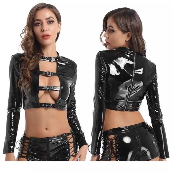 Frauen glänzendes Wetlook-Leder-Dessous-Set Erotik glänzender Latex-Boxer Sexy unten öffnender Schritt Lederoberteile Porno-Brust freigelegt Y0911