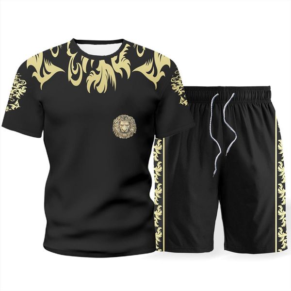 

summer sports suit 3d mens tracksuit print crew neck home casual short sleeve running fashion shorts set, Gray