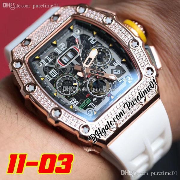 

2022 miyota automatic mens watch rose gold diamonds bezel big date black silver skeleton dial stick markers white rubber strap super edition, Slivery;brown