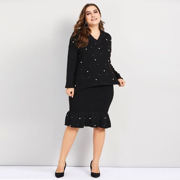 

women's two piece pants woman sets plus size knitted sweater beads bodycon skirt elegant ruffles slim black office wear casual winter s, White