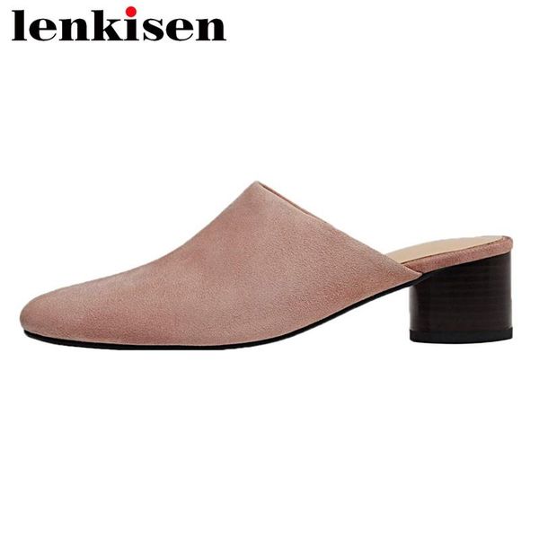 

dress shoes lenkisen plus size full grain leather round toe med heel deep mouth slip on women mules young lady daily wear summer pumps l11, Black
