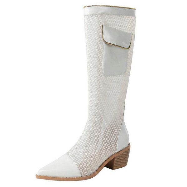

side zipper knee boots for women spring thick med heels grnuine leather working slim long shoes size 41 42, Black