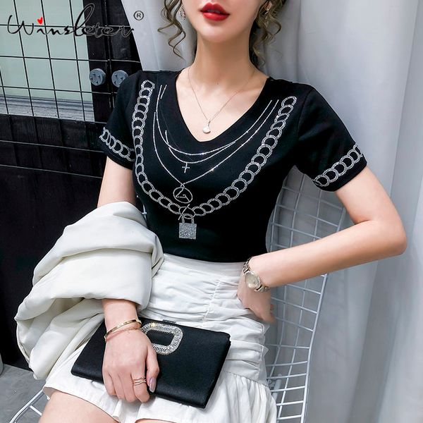 

women's t-shirt summer european clothes t-shirt fashion shiny v-neck diamonds women ropa mujer back shirt cotton tees t0, White
