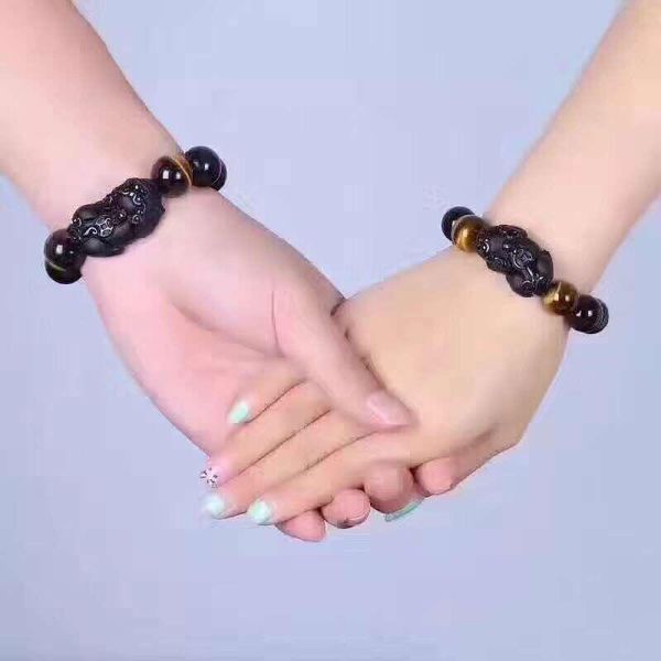 

joursneige black natural obsidian stone bracelets tiger eyes beads with pixiu for men women jewelry beaded, strands