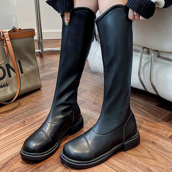 

boots pu leather mid-calf back zipper chunky heel women's casual 2021 autumn fashtion platform motorcycle, Black