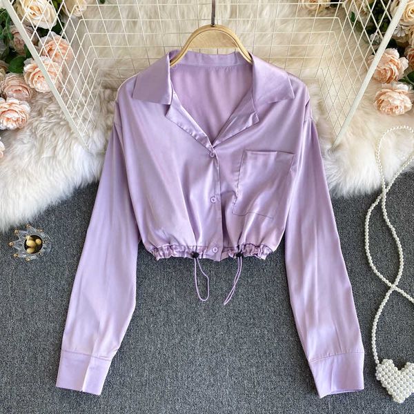 

women's blouses & shirts european and american ins design sense drawstring short shirt female temperament pure color satin texture long, White