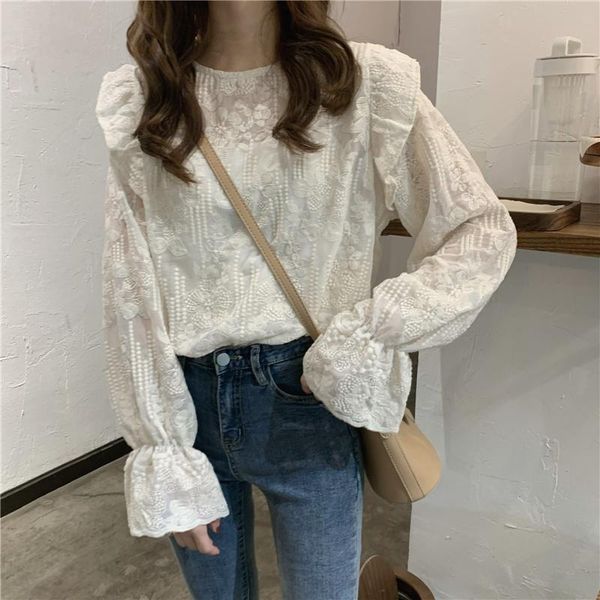 

women's blouses & shirts spring vintage lace shirt female oversize womens long sleeve girls blouse fall plus size women femme blusas, White