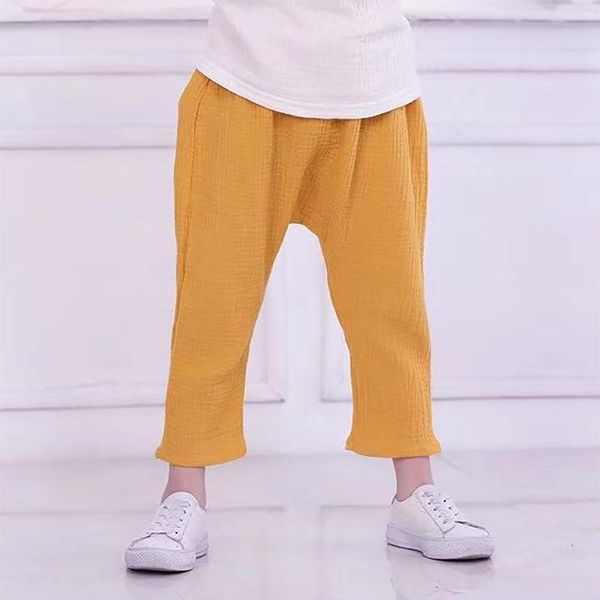 

trousers 2-7y summer linen pleated children ankle-length pants for baby boys harem kids child solid color clothes, Blue