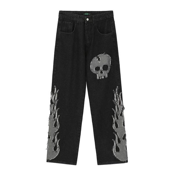 

men's jeans men fashion skull embroidery pants 2021 denim mens streetwear hip hop harem high wasit black trousers, Blue