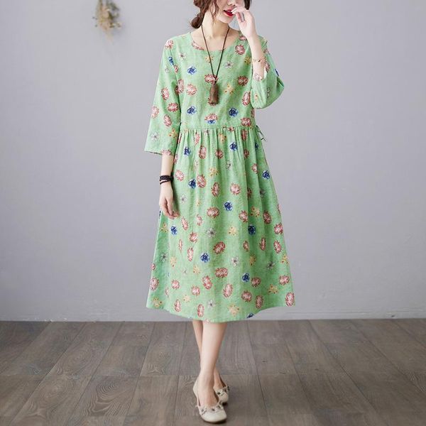 

three quarter sleeve women dress summer floral print cotton linen loose dresses green pink 831 casual, Black;gray