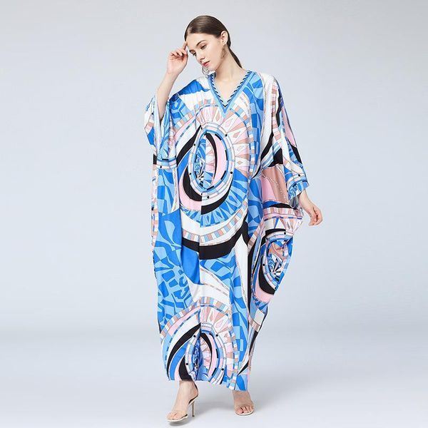 

casual dresses cross-border 2021 spring loose slim fit plus size women's clothing v-neck batwing sleeve printed dress djellaba, Black;gray