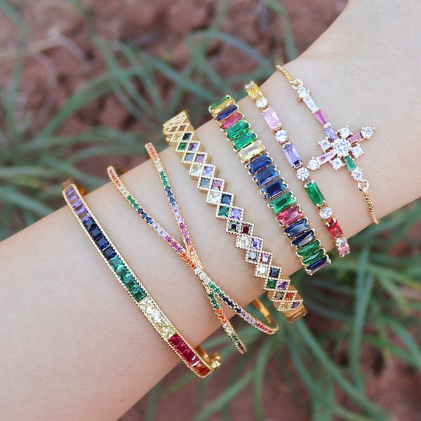 

gold filled baguette cubic zirconia bracelet for women men luxury jewelry rainbow cz tennis gorgeous trendy bangle girls gift, Golden;silver