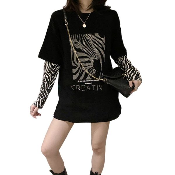 

women's t-shirt 100% cotton drilling tshirts zebra stripes stitching fake two-piece t-shirts harajuku style white black for f