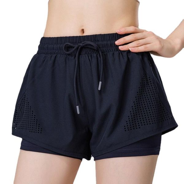 

women's shorts womens summer mesh hollow out elastic waist drawstring with zipper pocket fake 2 piece quick-dry fitness for women, White;black