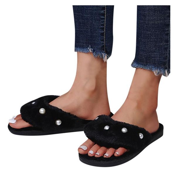 

slippers winter faux fur warm women's fashion slip on flats female casual shoes breathable outdoor pure color 2021, Black