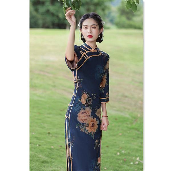 

ethnic clothing women mandarin collar print floral cheongsam loose vintage button qipao three quarter sleeve chinese dresses big size 3xl-4x, Red