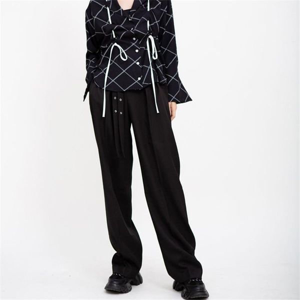 

women's pants & capris office lady black with double belt women high waist solid x-long trousers fashion pockets wide leg pantalones, Black;white