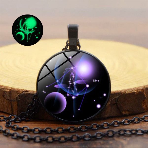 

12 constellation glass dome glow in the dark necklace luminous women men necklace classic fashion simple black chain jewelry, Silver