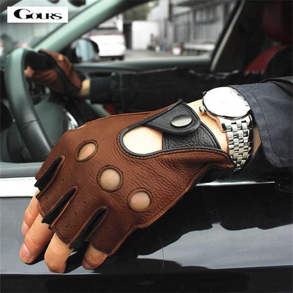 

gours spring men' genuine leather gloves driving unlined 100% deerskin half fingerless fitness gsm0l 211214, Blue;gray