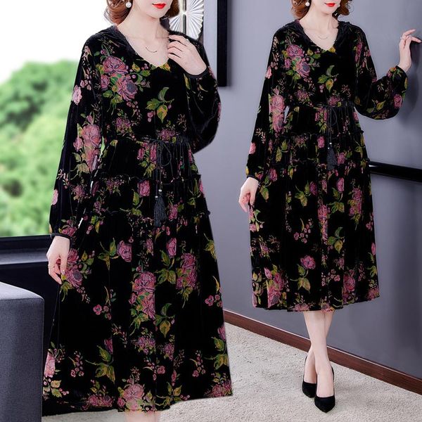 

casual dresses women dress autumn 2021 office lady korea style long sleeve hooded loose floral print v-neck design and color, Black;gray