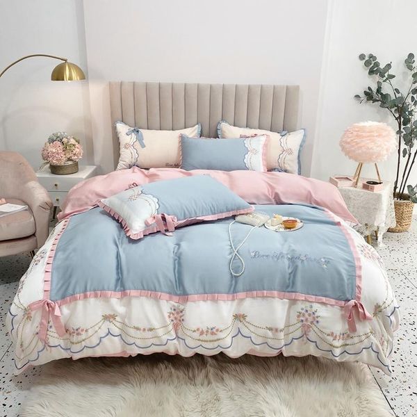 

bedding sets luxury 100s tencel silk soft breathable floral embroidery linen pillowcases sheet fitted bed for duvet summer set cover