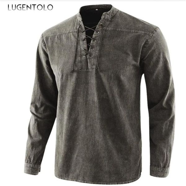 

men's casual shirts men long sleeve shirt vintage solid lacing stand collar causal loose spring simple lugentolo, White;black