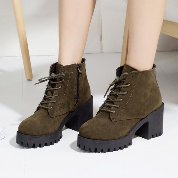 

boots women 2021 autumn winter lace up fashion high heels leather shoes casual ladies square heel platform boot big size 41, Black