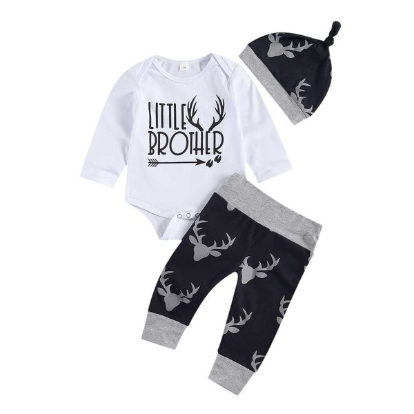 

2021 0-18m newbonr baby boy clothing brother letter print long sleeve romper deer pants+hat boy fall outfits set 3pcs g1023, White