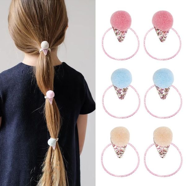 

2pcs cute ice cream star hair bands pom ball elastic for girls kids gum glitter rope accessories, Slivery;white