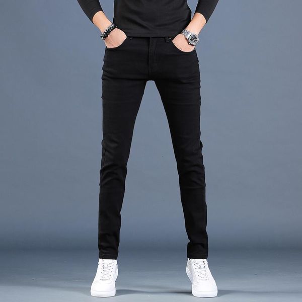 

men black jeans casual cotton straight slim fit pants korean style stretch denim trousers men's, Blue