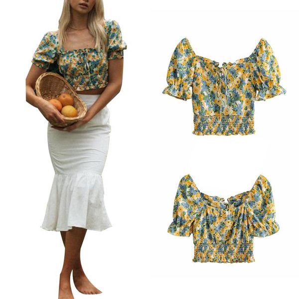 

female crop , sunflower print square neck short sleeve pullover shirt for summer fashion ,s//l women's t-shirt, White