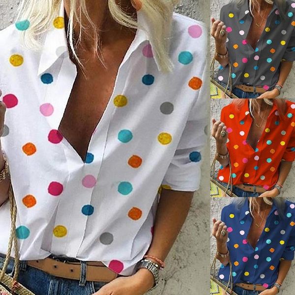 

women's blouses & shirts women colourful dot print blouse office style 2021 casual long sleeve polka shirt and v neck slim, White