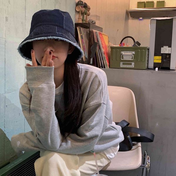 

south korea spring new ingenuity design edging beggars line color mosaic fisherman's hat, Blue;gray