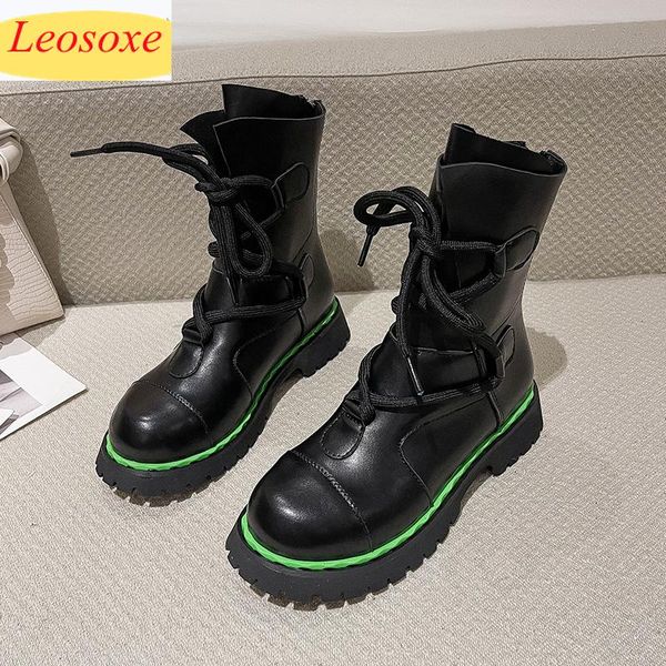 

boots winter leather women platform thick sole lace-up female boot shoe lady black botas comfortable mid-heel woman