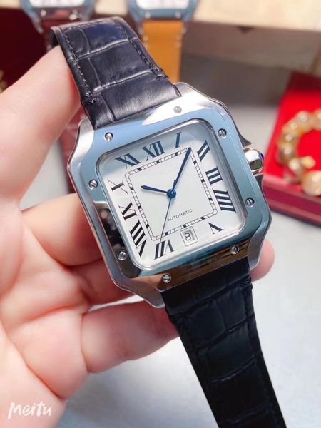 

wristwatches automatic mechanical silver white rome black brown leather men sapphire stainless steel bracelet square date watch, Slivery;brown