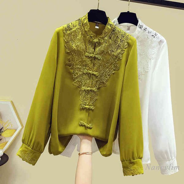 

blouses women's shirt female clothing spring buckle national style elegant long sleeve lace patch solid color blouse lady top, White