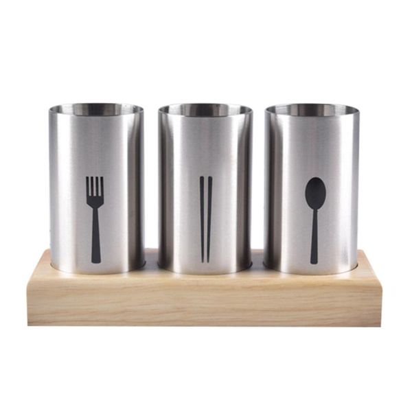 

chopsticks wood base stainless steel chopstick holder kitchen drain storage (silver)
