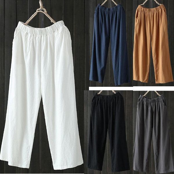 

women's pants & capris 2021 women summer fashion cotton and linen fabric slacks high waist loose harem solid elastric straight trousers, Black;white