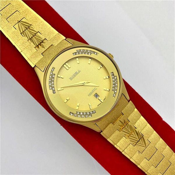 

wristwatches 2022 watch gold non fading copper band men's retro carved pattern 24k business diamond, Slivery;brown