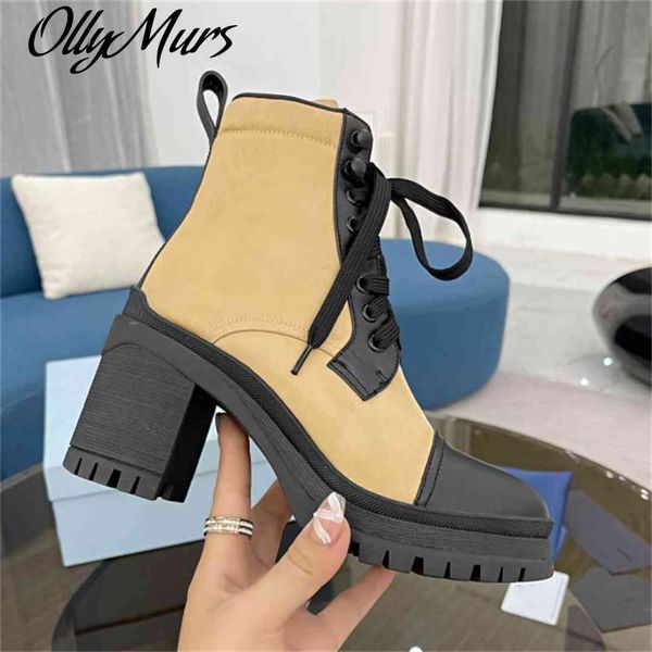 

boots ollymurs pointed toe fashion high heels waterproof platform shoes luxury square heel lace up design zipper women, Black