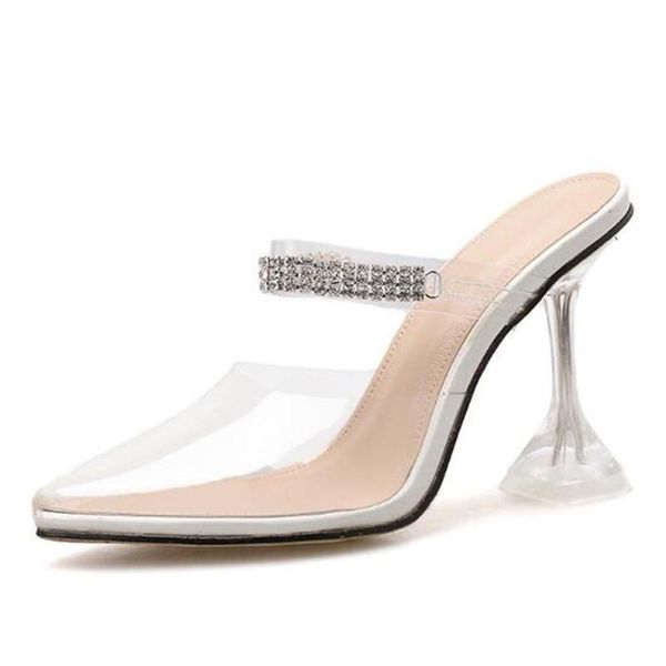 

sandals women summer ladies pvc pointed toe 9.5cm strange style high heels rhinestones bling sandal for shoes size 35-42, Black