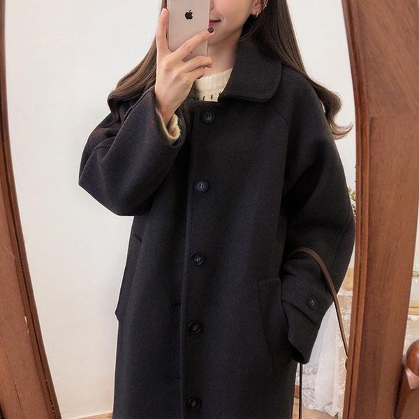 

women's wool & blends autumn korean thick pure cotton black woolen coat temperament casual mid-length