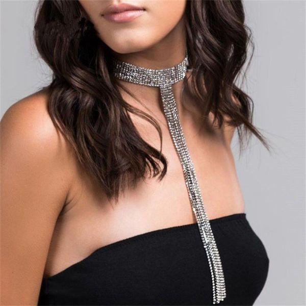 Chokers seksi bayan uzun paragraf rhinestone zincir püskül kolye moda çok katmanlı kristal boyun takı elbise aksesuarları