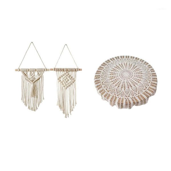 Tapeçarias 2 PCS Tapeçaria da parede Bohemian Chic Macrame Home Decoração da sala de suspensão com toalha de crochê artesanal