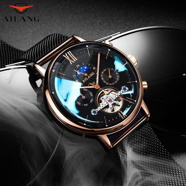 

fashion men's watch tourbillon automatic watches design moon phase wristwatches waterproof business montre homme, Slivery;brown