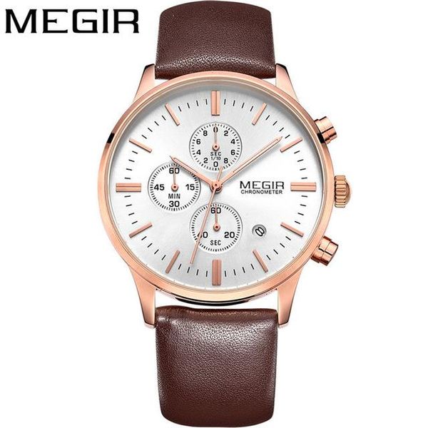 

wristwatches megir 2011l men watch business leather watches mens wrist chronograph quartz waterproof, Slivery;brown